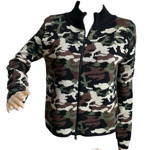 SML Sport Camouflage Double Zipper Sweater Small Green Brown Black Cream